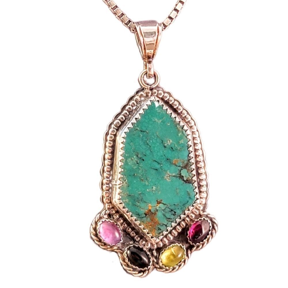 Vintage Sterling Freeform Turquoise & Gemstone Cab Accent Pendant Necklace